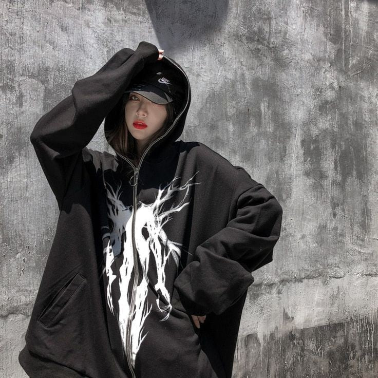 Aesthetic Gothic Ghost Printed Harajuku Style Full Zip Up Hoodie Zipper For Women