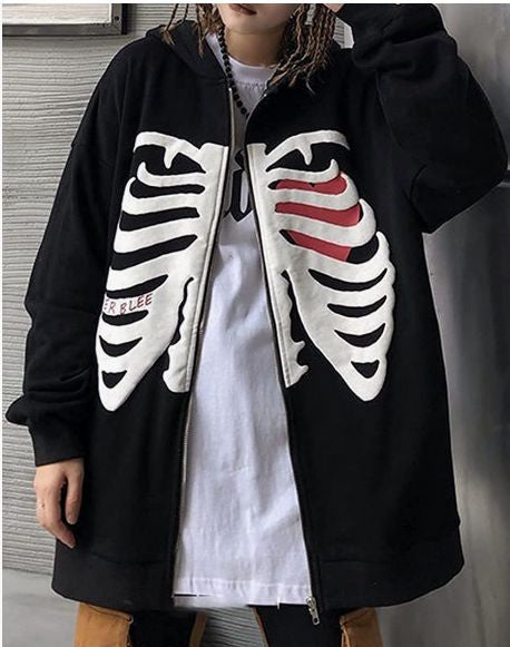 Vintage Heart Skeleton Print Y2K Harajuku Women Korean Fashion Streetstyle Casual Wear Drawstring Oversize Pullover Zip Up Hoodie