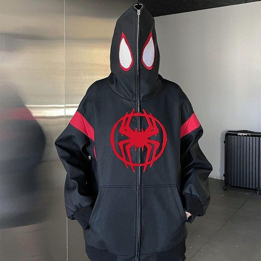 Vintage Black Spider Man Full Zip Up Zipper Hoodie Y2K Fashion Hooded For Women - Marvel Fans