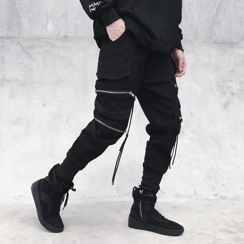 Black Zipper Ribbon Y2K Harajuku Fashion Aesthetic Techwear Cargo Pant For Mens