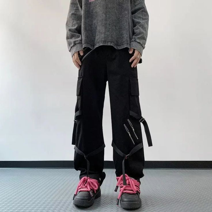 Black Double Zip Ribbon Techwear Y2K Harajuku Style Chinese Cargo Pant For Men's