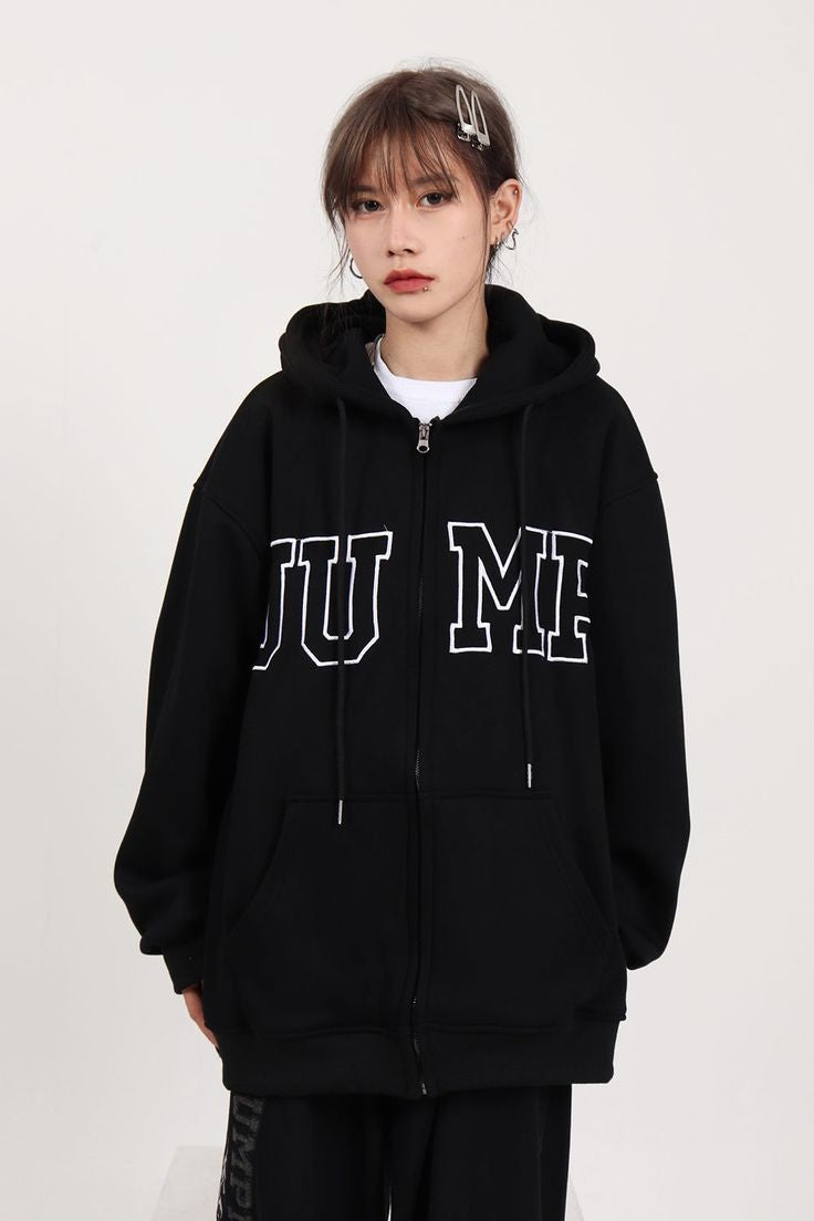 Women Zip Up Korean Style Oversized Letter Printed Y2K Zipper Hoodie For Women