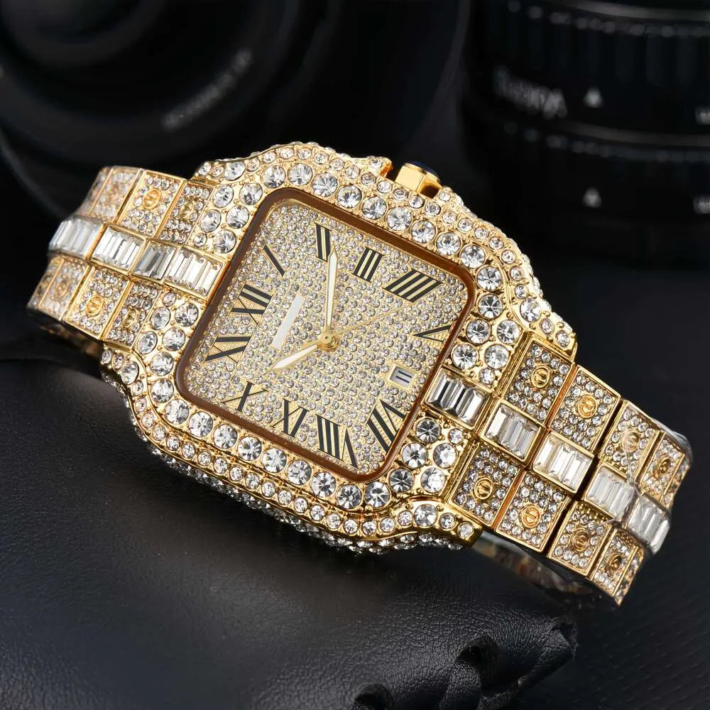 Luxury Gold Ice Square Diamond Watch Fashion For Men's Bling Ice Out Watch Party Wear