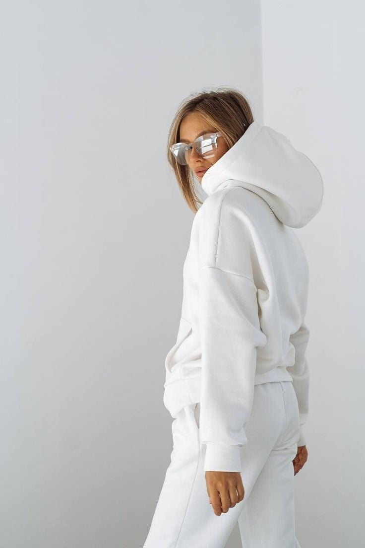 White Solid Winter Heavy Fleece Oversized Casual Tracksuit For Women -2pcs suit