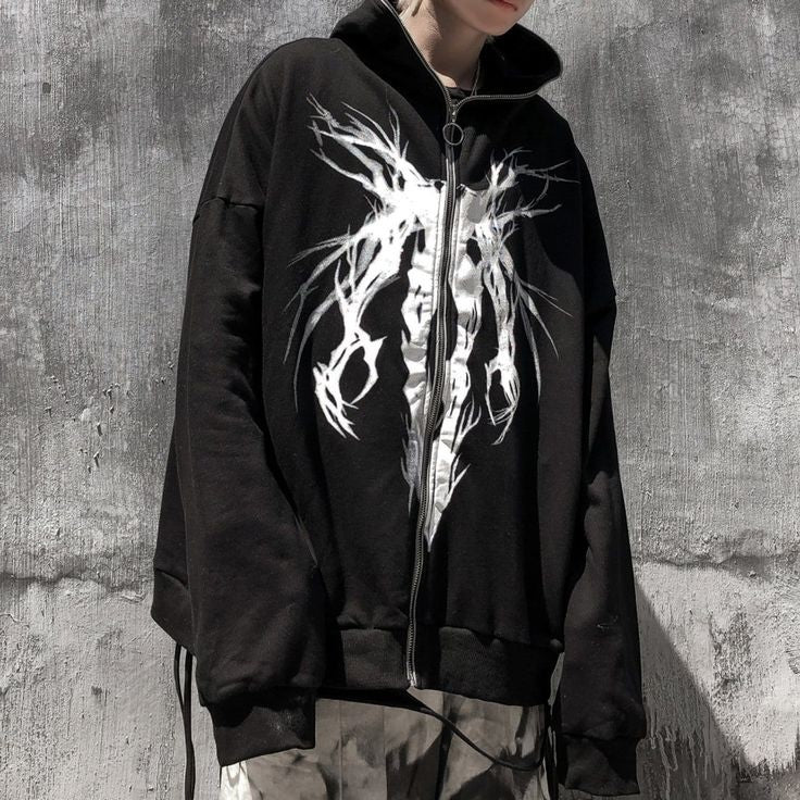 Aesthetic Y2K Vintage Gothic Ghost Harajuku Street Style Full Zip Up Zipper Hoodie For Mens