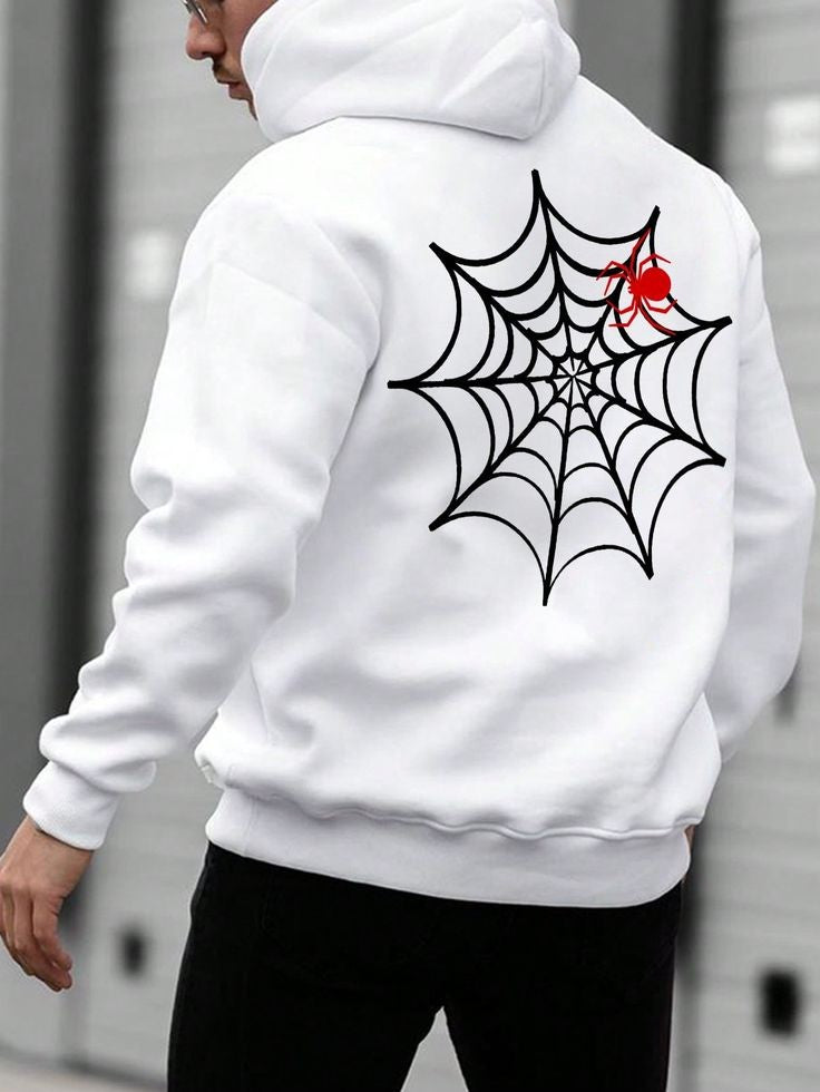 Men's White Spider Web Printed Oversized Streetwear Style Casual Pullover Fleece Hoodie