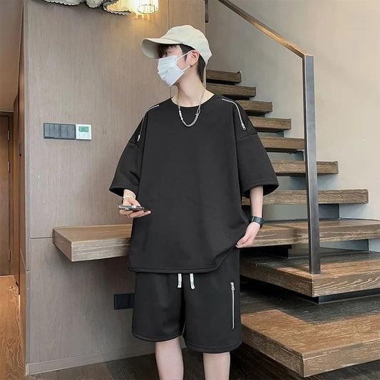 New Korean Fashion Zip Style Oversized High Street Comfy Shorts Suit For Mens