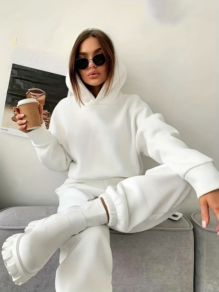 White Solid Winter Heavy Fleece Oversized Casual Tracksuit For Women -2pcs suit