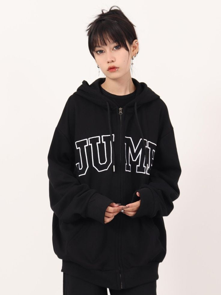 Women Zip Up Korean Style Oversized Letter Printed Y2K Zipper Hoodie For Women