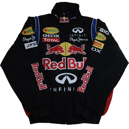 "Vintage Red Bull retro racing jacket featuring a striking design with bold logos and vibrant colors. The jacket has a zip-up front and a sporty silhouette, perfect for motorsport fans and casual wear."