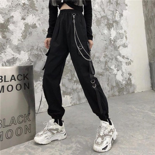 Women Black Gothic Techwear Cargo Pant Relaxed Fit Utility Casual Pocket Cargo