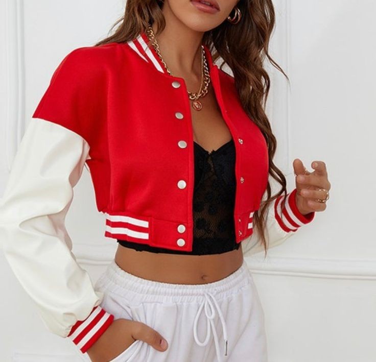 Red Oversized Crop Varsity Jacket For Women