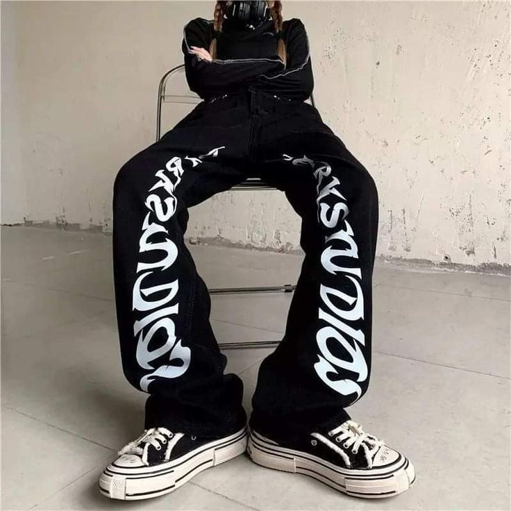 Women Y2K Fashion Darkstudio Print High Waist Baggy Straight Leg Black Denim Jeans 