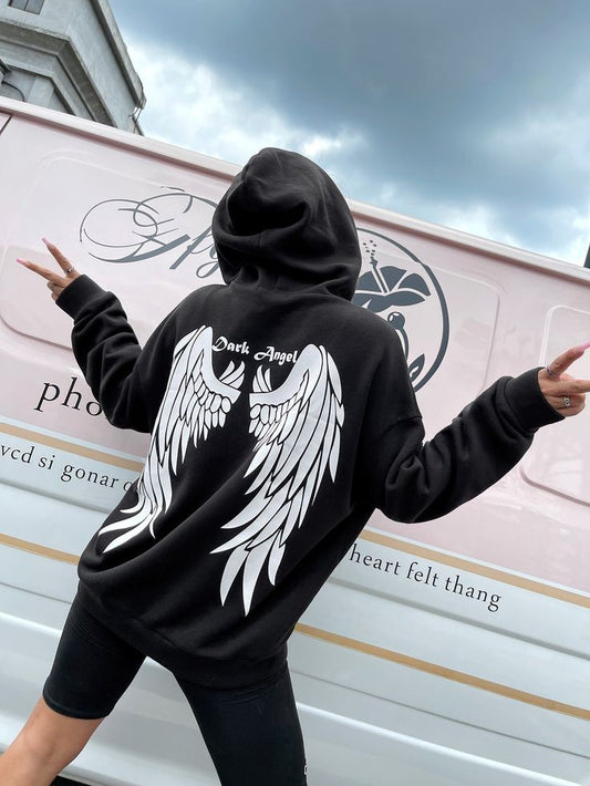 Women Fashion Wings Printed Oversized Pullover Hoodie