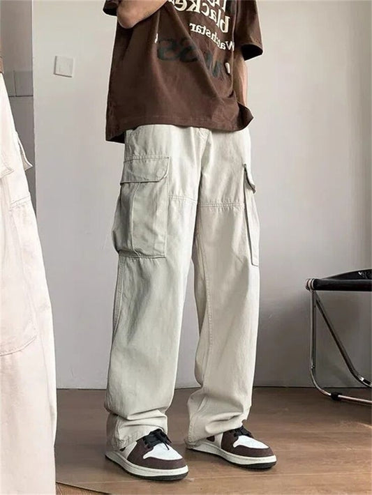 Y2K Beige Teachwear Cargo Pants Harajuku Flap Pocket Straight Fit Baggy Stylish Cargo For Mens