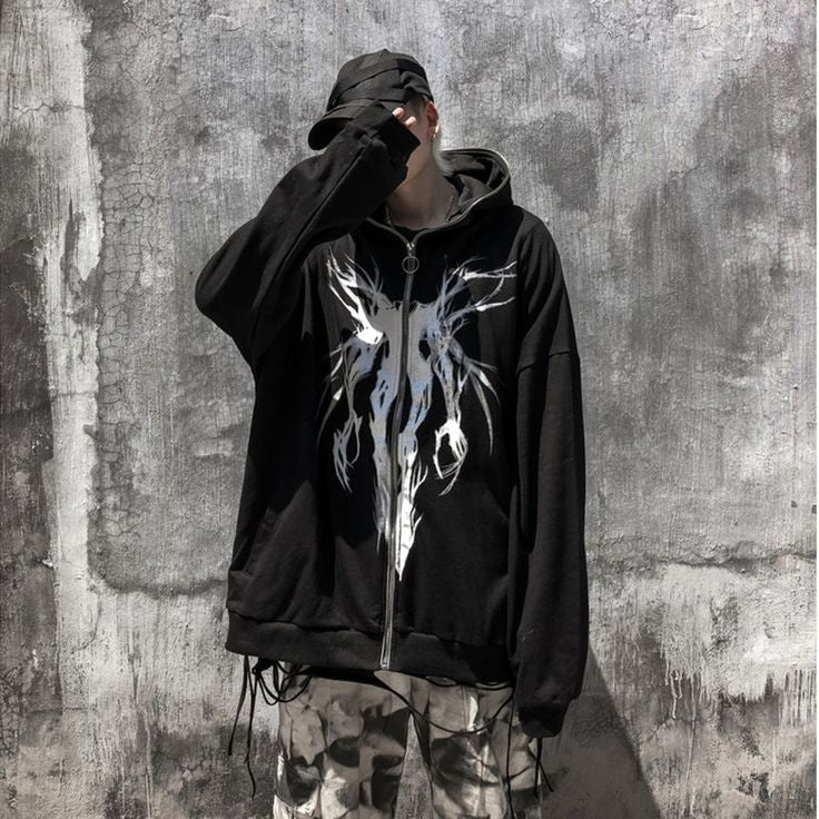 Aesthetic Y2K Vintage Gothic Ghost Harajuku Street Style Full Zip Up Zipper Hoodie For Mens