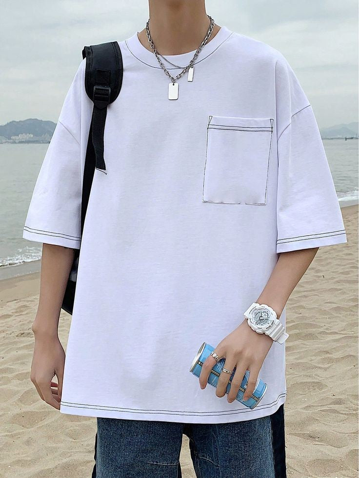 Men's Fashion Summer Relaxed Oversized Fit Chest Pocket Half Sleeve Rount Neck Tshirt