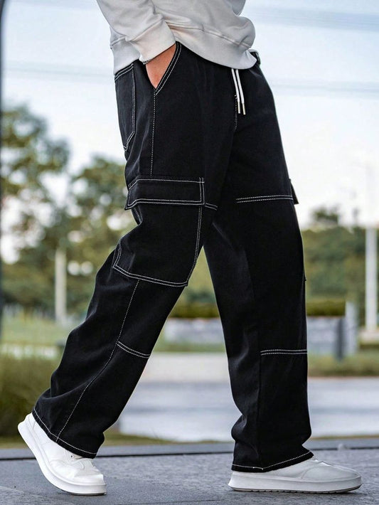 Buy Urban Style Outer stitch Black Flap Pocket Utility Techwear Cargo pant For Mens