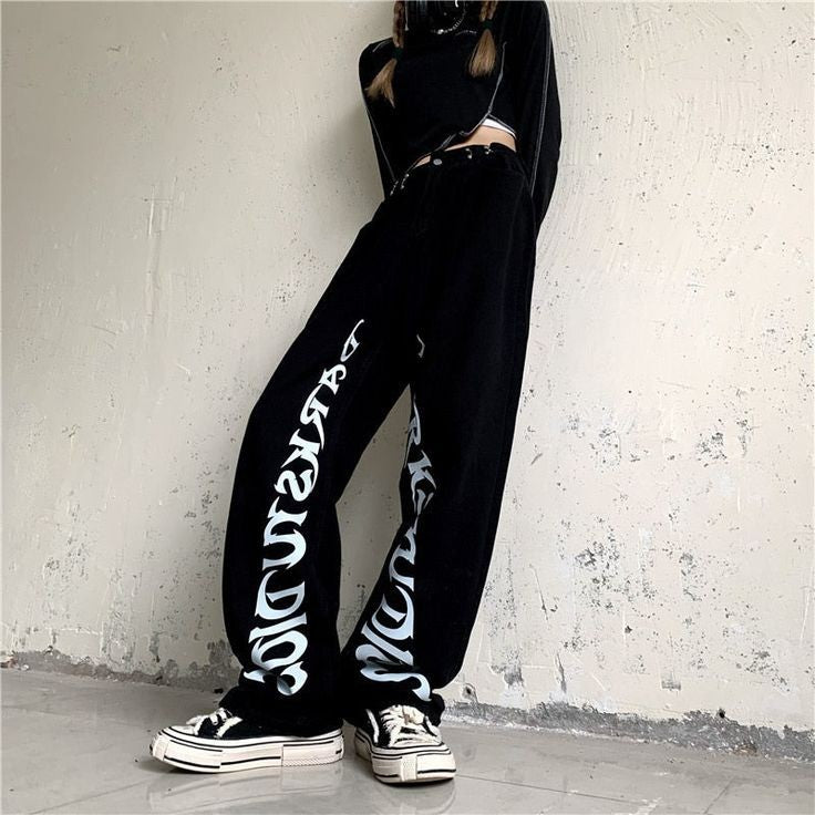 Women Y2K Fashion Darkstudio Print High Waist Baggy Straight Leg Black Denim Jeans 