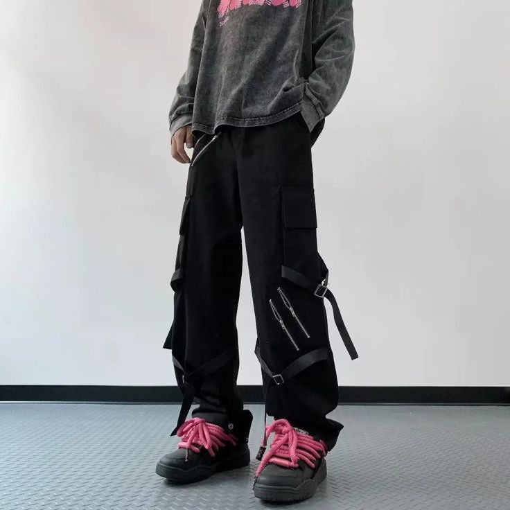 Black Double Zip Ribbon Techwear Y2K Harajuku Style Chinese Cargo Pant For Men's