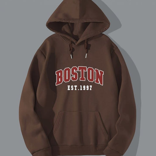 Boston Printed Oversized Pullover Hoodie For Mens