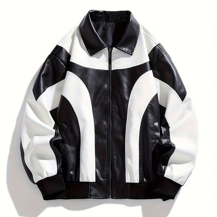 Menswear Iconic Style Black & White Colour Block Zip Up Vegan Leather Jacket