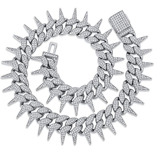 Mens Hip Hop Spike ice Cuban Link Diamond Necklace Chain