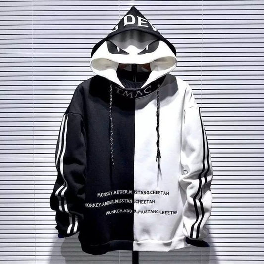 Y2K Harajuku Chinese Streetwear Oversize Colourblock Fleece Double Cap Pullover Drawstring Hoodie