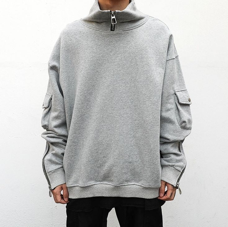 Men's Oversized Y2K High Neck Zip Sleeve Snap Button Pocket Pullover Hooded Sweatshirt