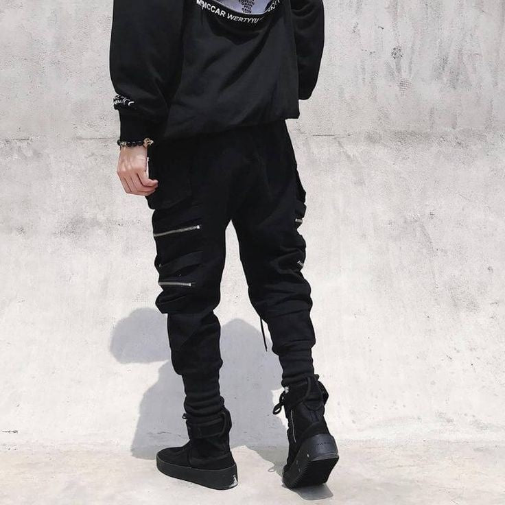 Black Zipper Ribbon Y2K Harajuku Fashion Aesthetic Techwear Cargo Pant For Mens