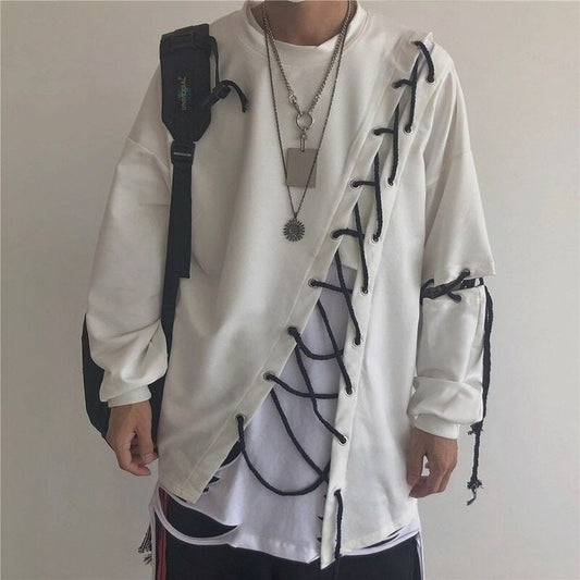 Aesthetic Y2K Cool Hip Hop Harajuku Teach Wear Japanese Style Drawstring Design Oversized Punk Streewear T-shirt For Mens