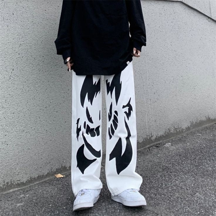 Vintage Y2K Ghost Ganger Printed Baggy Loose Straight Fit Wide Leg Streetwear Style White Denim Jeans For Men's