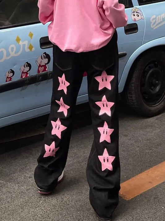 Y2K Fashion Trend Pink Star Print Vintage High Streetwear Straight Fit Baggy Black Denim Jeans