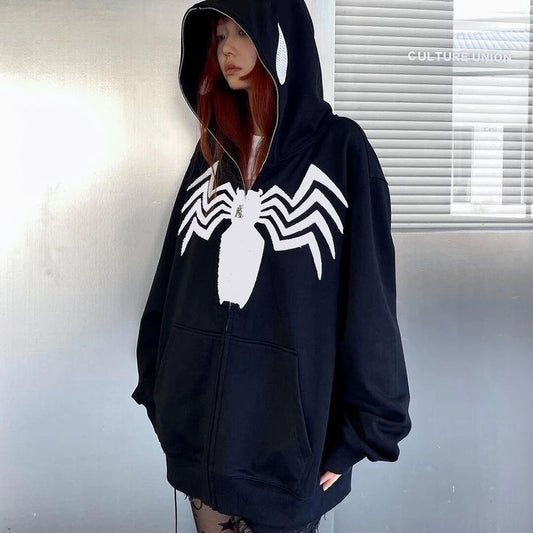 Y2K Spiderman full zip-up hoodie for women, limited edition, featuring bold Spiderman graphics and a retro-inspired design.