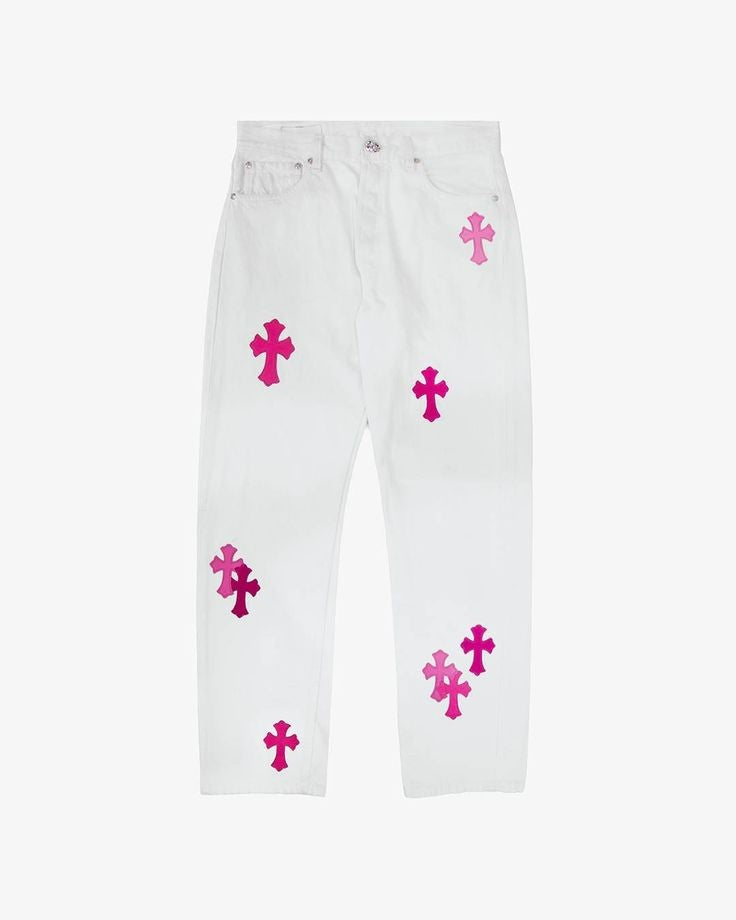 Aesthetic Y2K Chrome Heart Pink Cross Print Baggy Loose Fit Straight Wide Leg White Denim Jeans For Men's Women's