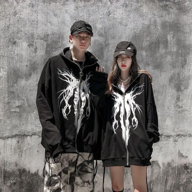 Aesthetic Y2K Couples Vintage Gothic Graphic Printed Full Zip Up Couples Zipper Hoodie