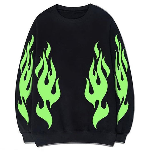 Cool Aesthetic Green Flame Print Oversized Pullover Sweatshirt For Men Women Fashion