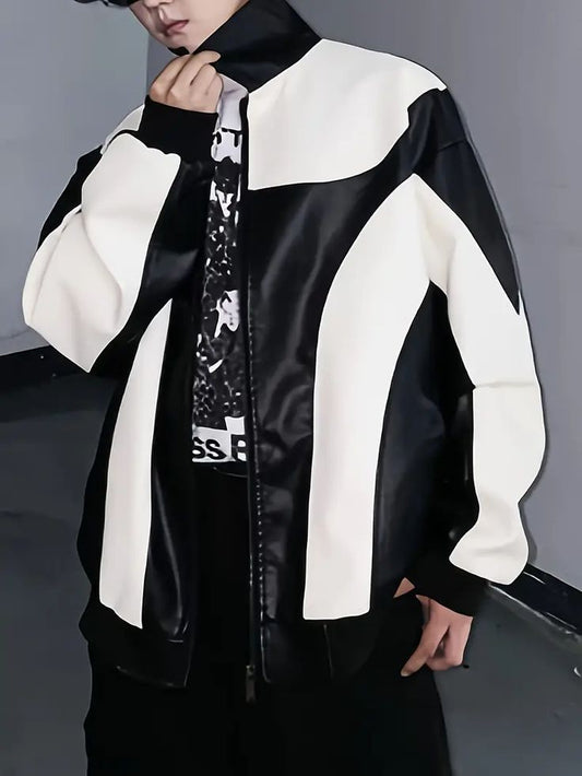 Menswear Iconic Style Black & White Colour Block Zip Up Vegan Leather Jacket