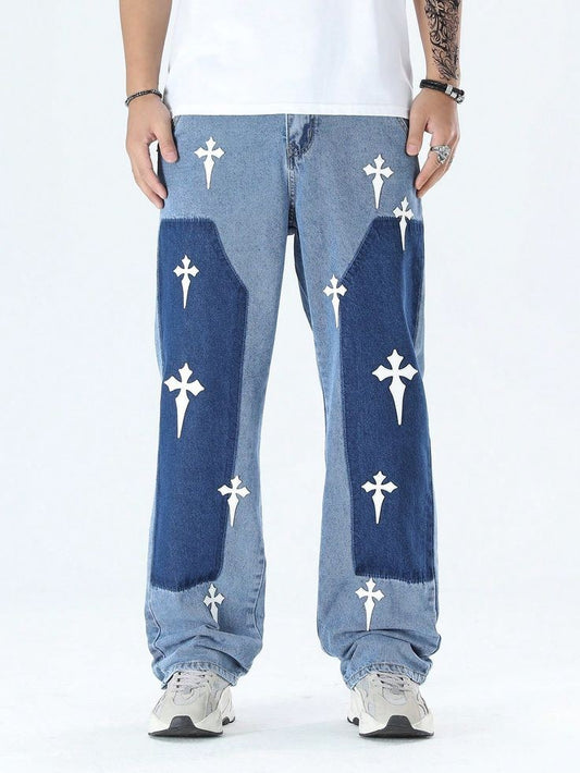 Y2K Fashion Mens Cross Print Straight Fit Baggy Streetwear Loose Fit Harajuku Denim Jeans