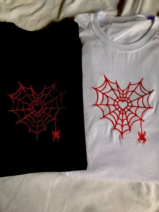 Spider Web Embroidery Cute Couples Matching Cotton T-shirt For Men & Women