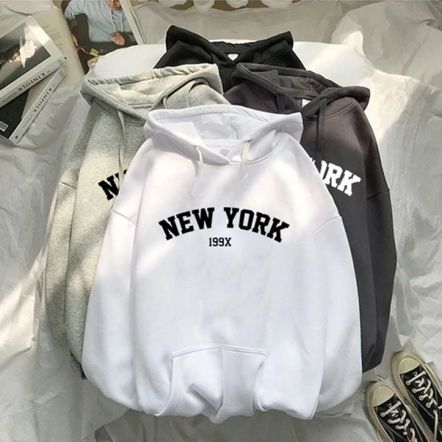 Graphic New York Printed Drop Shoulder Drawstring Pullover Fleece Hoodie For Women