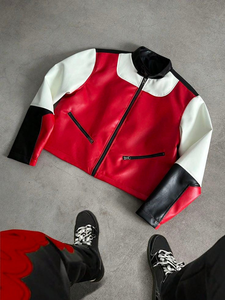 Women Motorsport Colourblock Vegan Leather Crop Jacket Fashion Outfit