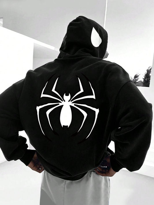 Black Spiderman full-length zip-up hoodie with bold back print, unisex design, comfortable and stylish for everyday wear.