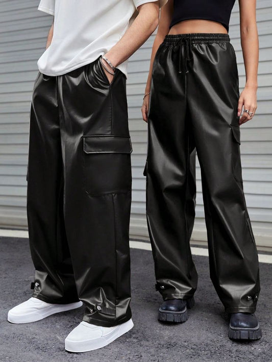 Elastic Waist Flap Pocket Wide Leg Multi Pocket Leather Pant