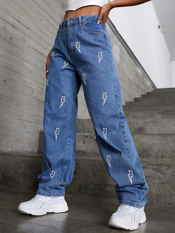 Aesthetic Y2K Retro Fashion Thunder Print Straight Fit Baggy Denim Jeans For Women 