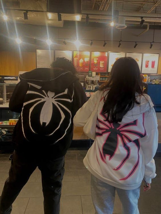 Spiderman couples matching black and white full zip-up hoodies, sold as a pack of two, featuring bold Spiderman graphics for coordinated style.