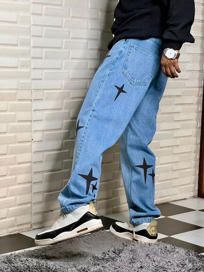 Aesthetic Straight Fit Hight Street Baggy Cross Printed Sky blue Denim Jeans