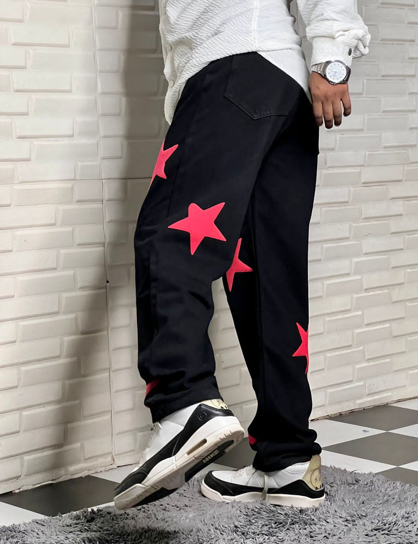 Star Puff Printed Straight Fit Baggy Black Jeans For Mens Clothing Apparels