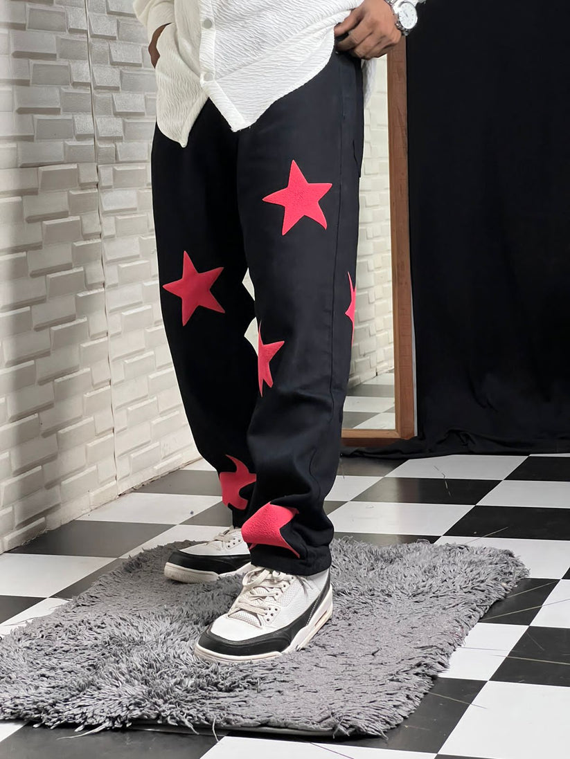 Star Puff Printed Straight Fit Baggy Black Jeans For Mens Clothing Apparels