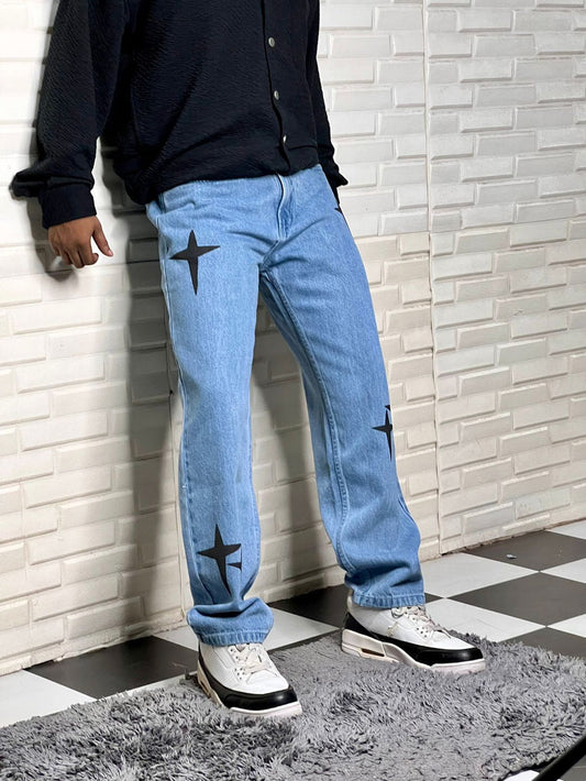 Aesthetic Straight Fit Hight Street Baggy Cross Printed Sky blue Denim Jeans